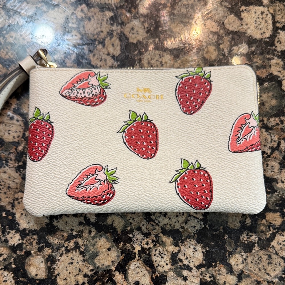 Coach Cream Wristlet with Strawberry Design
